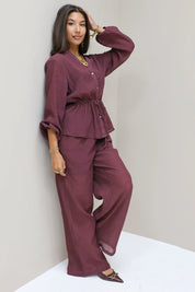 Losse rechte pantalon Bordeaux dames broek structuur stof