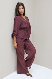 Losse rechte pantalon Bordeaux dames broek structuur stof