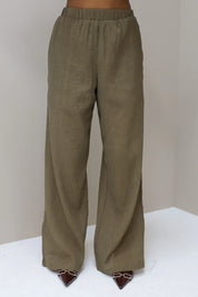 Losse rechte pantalon khaki structuur stof dames broek