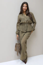 Losse rechte pantalon khaki structuur stof dames broek