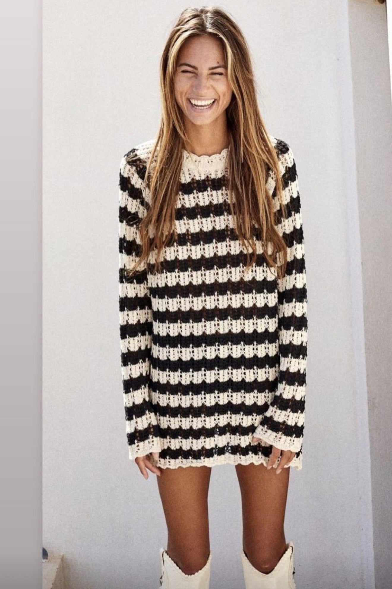 Gebreide Jurk Lange Mouwen Zwart/Beige