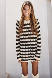 Gebreide Jurk Lange Mouwen Zwart/Beige