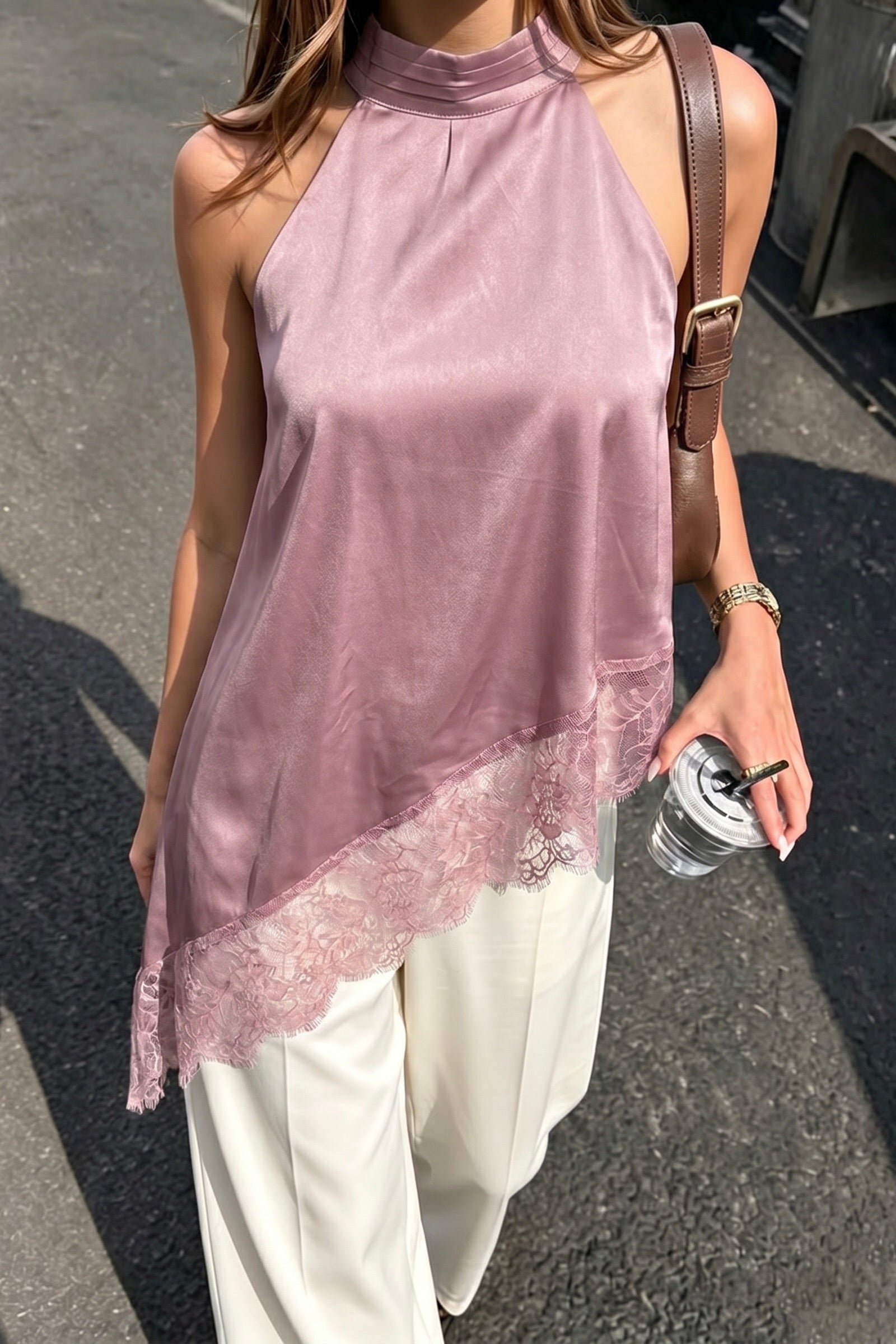 Halter Top Schuin Satijn Roze