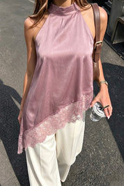 Halter Top Schuin Satijn Roze