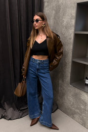Wide Leg High Rise Jeans Donker Blauw