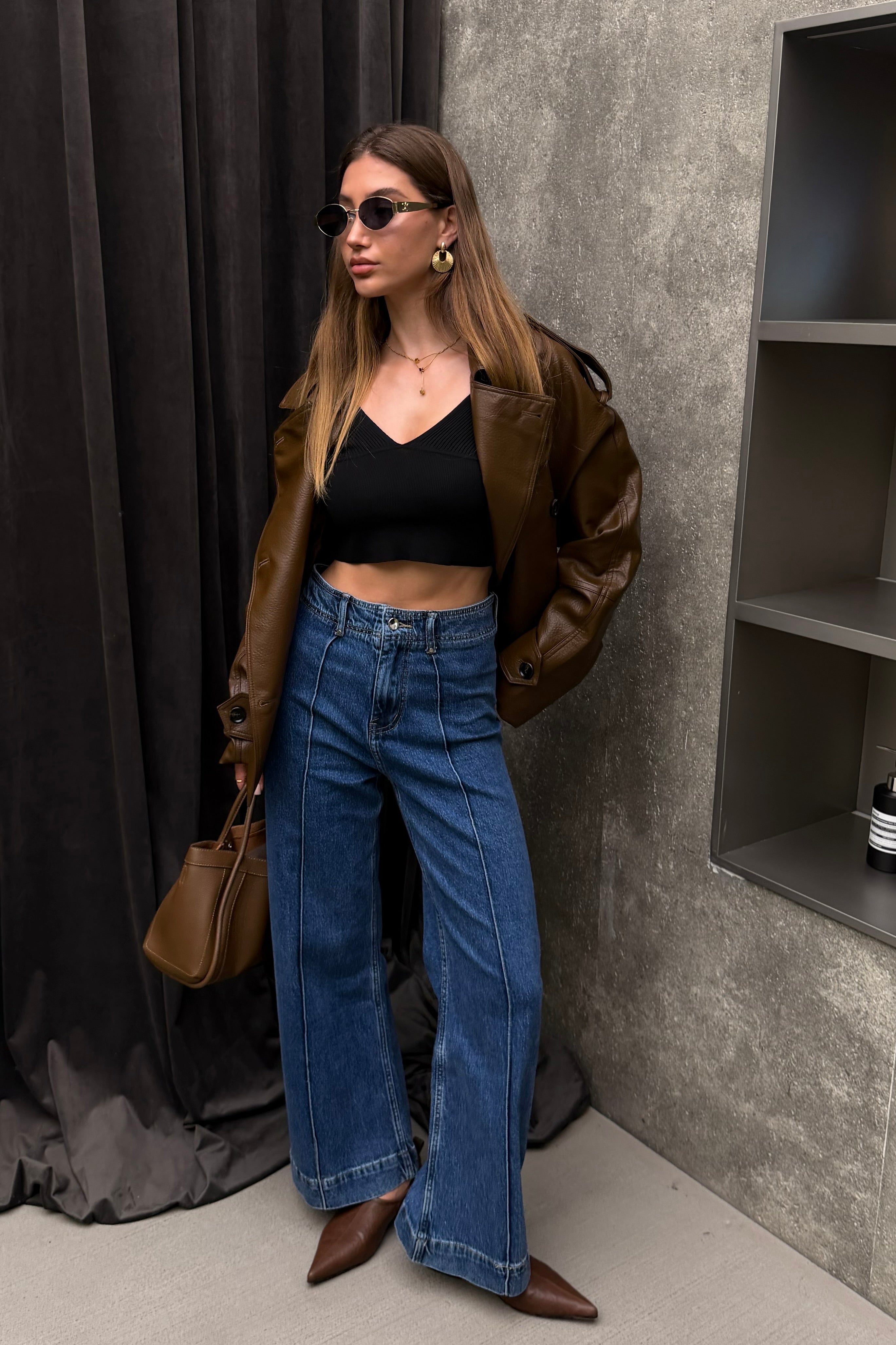 Wide Leg High Rise Jeans Donker Blauw