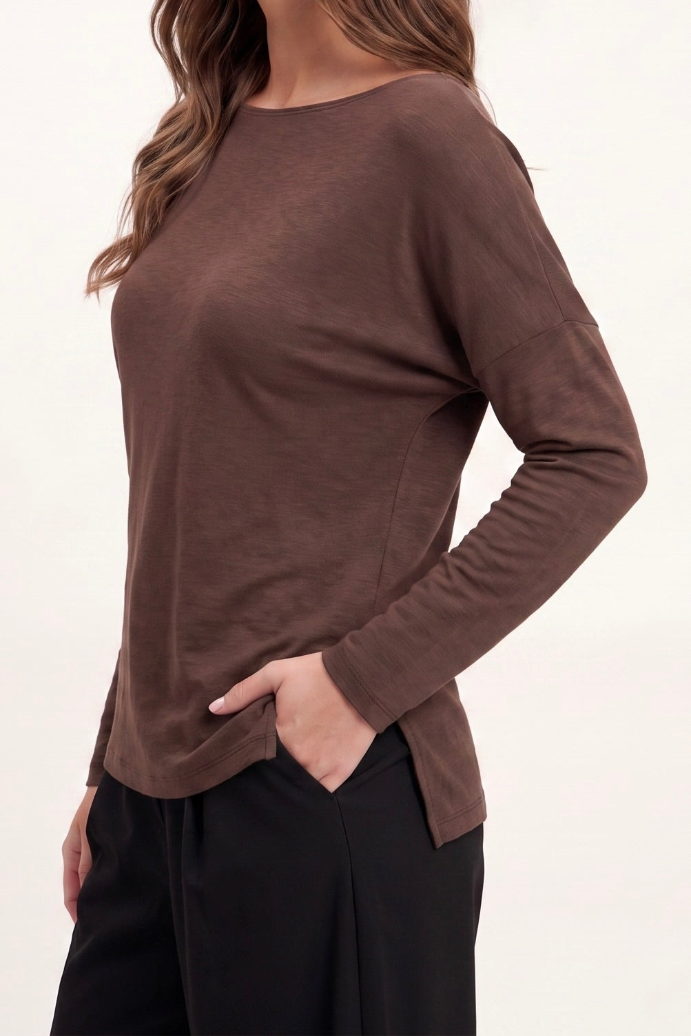 T-Shirt Lange Mouwen Split Bruin