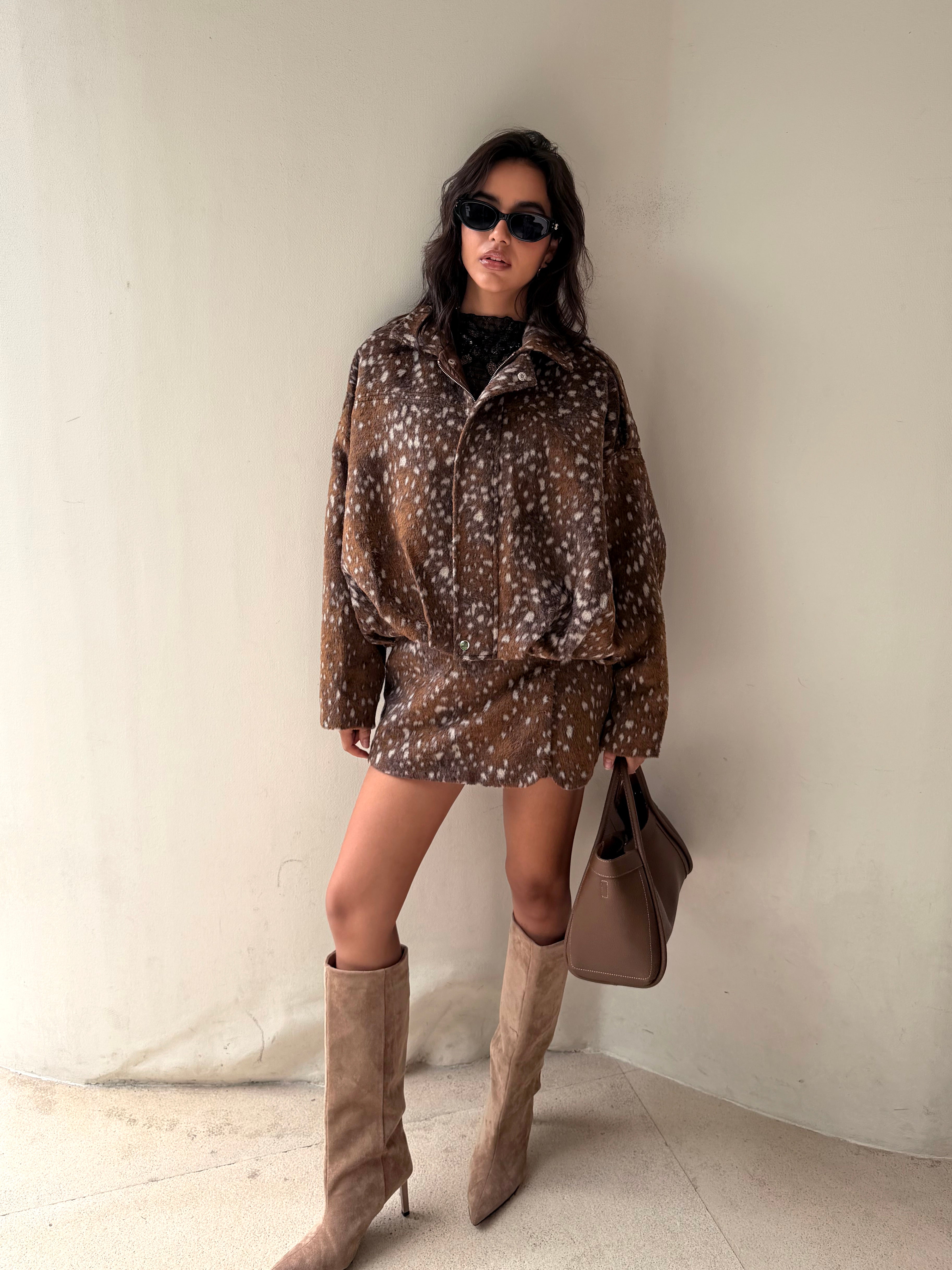 Faux Fur Jas Bambi Print Camel