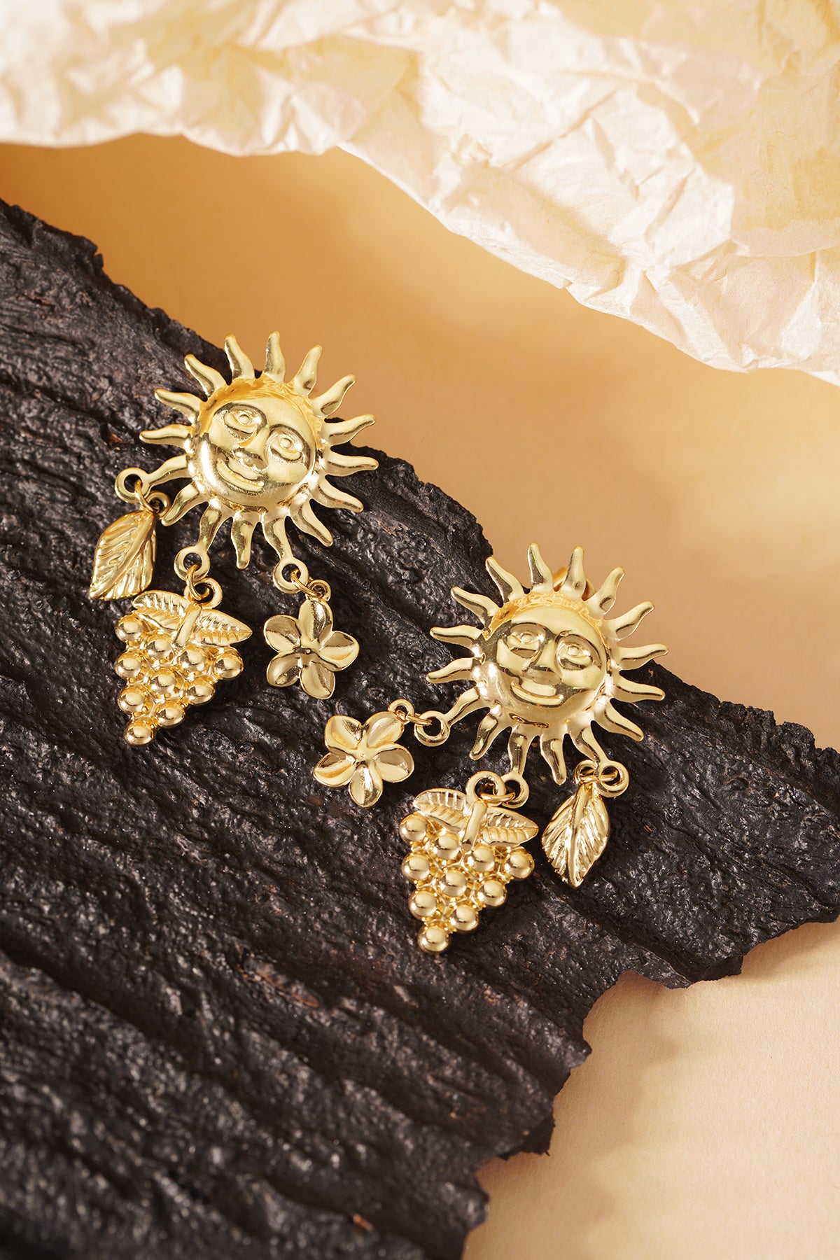 Oorbellen fruitige zomer goud dames oorbellen zon druiven bloem blaadje stainless steel waterproof