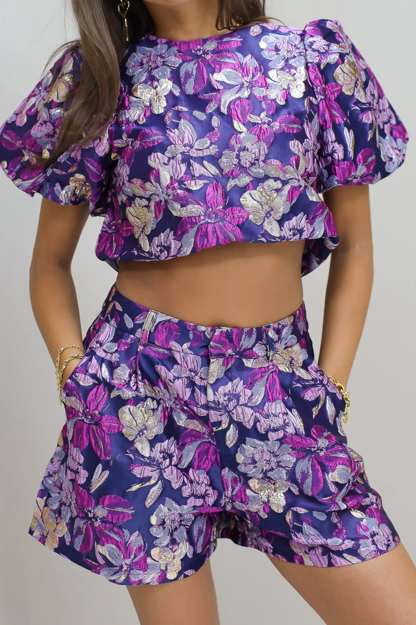 Opvallende occasion top paars structuur stof feestelijke dames top co ord set