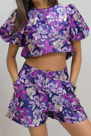 Opvallende occasion top paars structuur stof feestelijke dames top co ord set