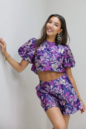 Opvallende occasion top paars structuur stof feestelijke dames top co ord set