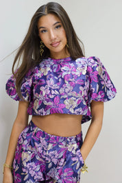 Opvallende occasion top paars structuur stof feestelijke dames top co ord set