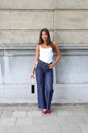 Straight jeans donker blauw schulp bies randje