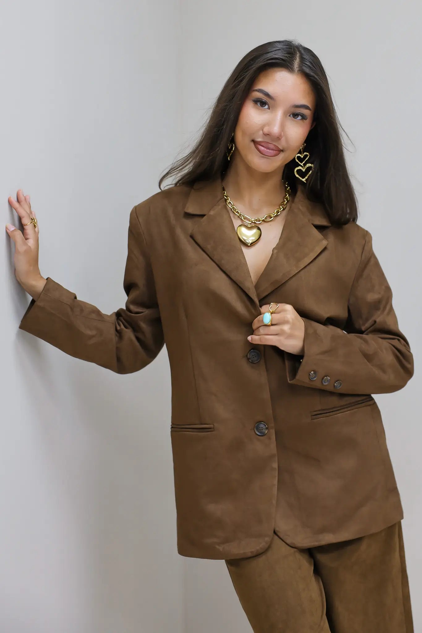 Suede Blazer Bruin suede look dames blazer co ord set