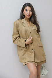 Suede blazer camel bijpassende skort oversized dames blazer suede look