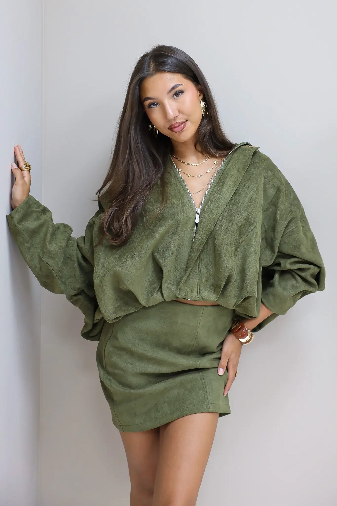 Suede dames jasje groen ballon model herfst pof mouwen Unika Ladylike Fashion