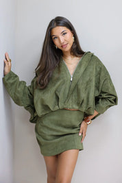 Suede dames jasje groen ballon model herfst pof mouwen Unika Ladylike Fashion