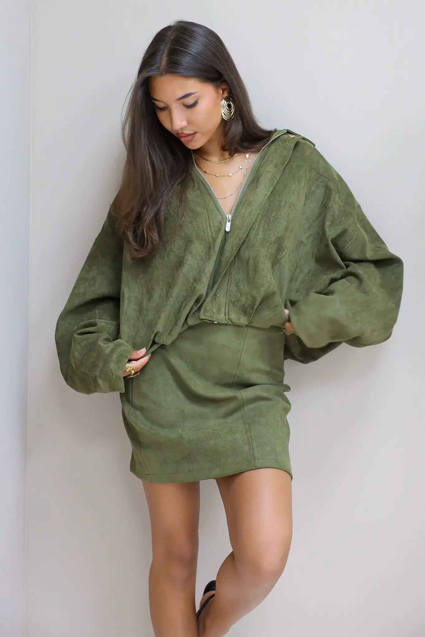 Suede dames jasje groen ballon model herfst pof mouwen Unika Ladylike Fashion