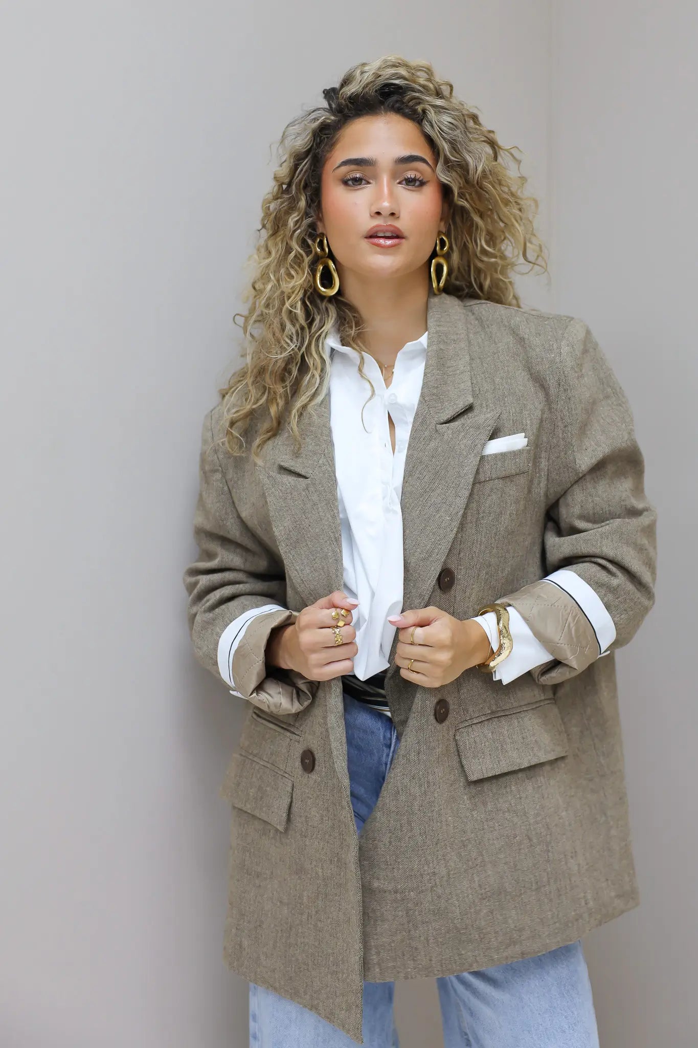 Tweed blazer dames camel gewatteerde buiten blazer dames