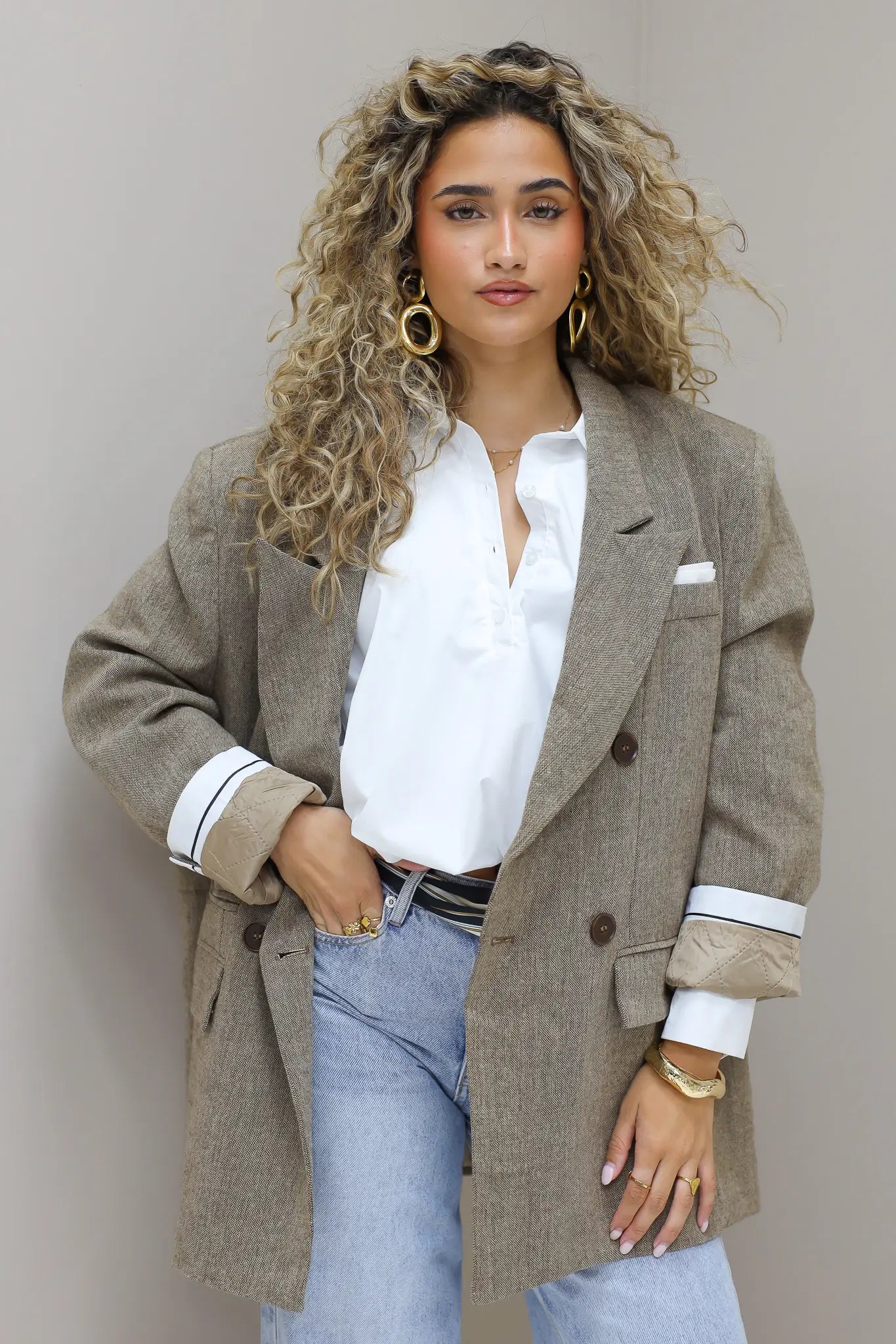 Tweed blazer dames camel gewatteerde buiten blazer dames