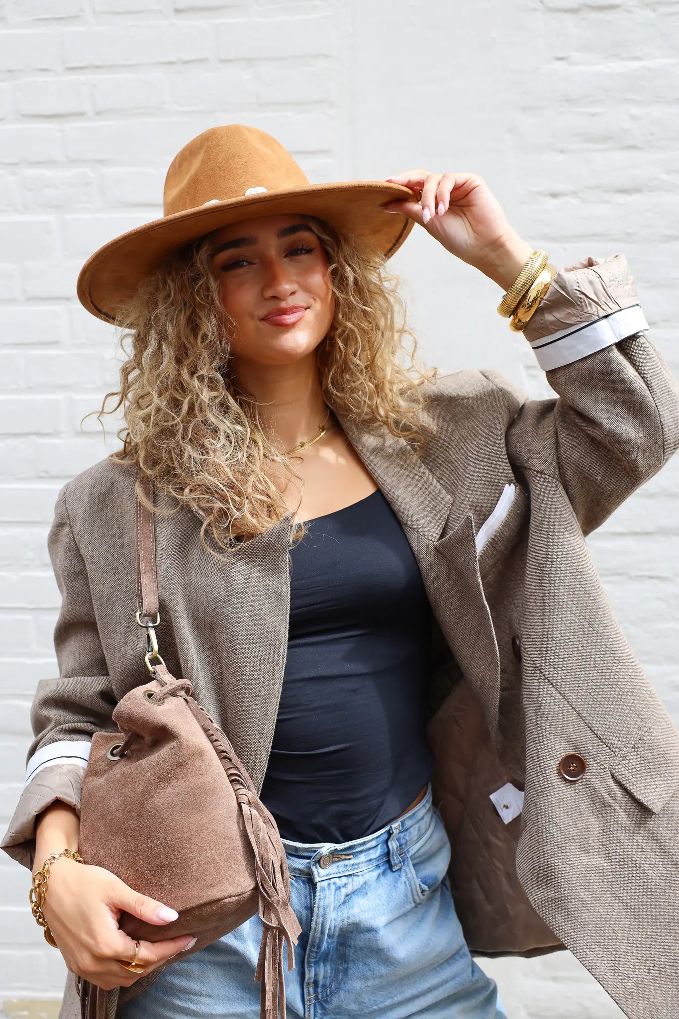 Tweed blazer dames camel gewatteerde buiten blazer dames