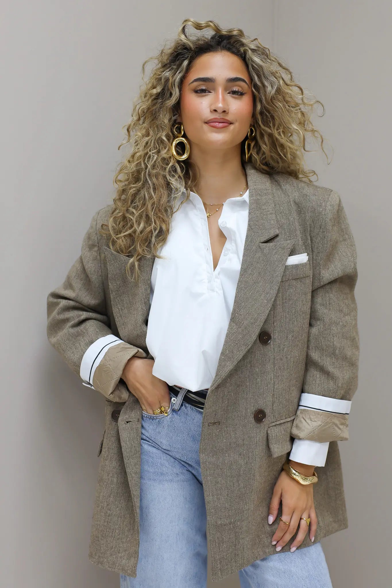 Tweed blazer dames camel gewatteerde buiten blazer dames