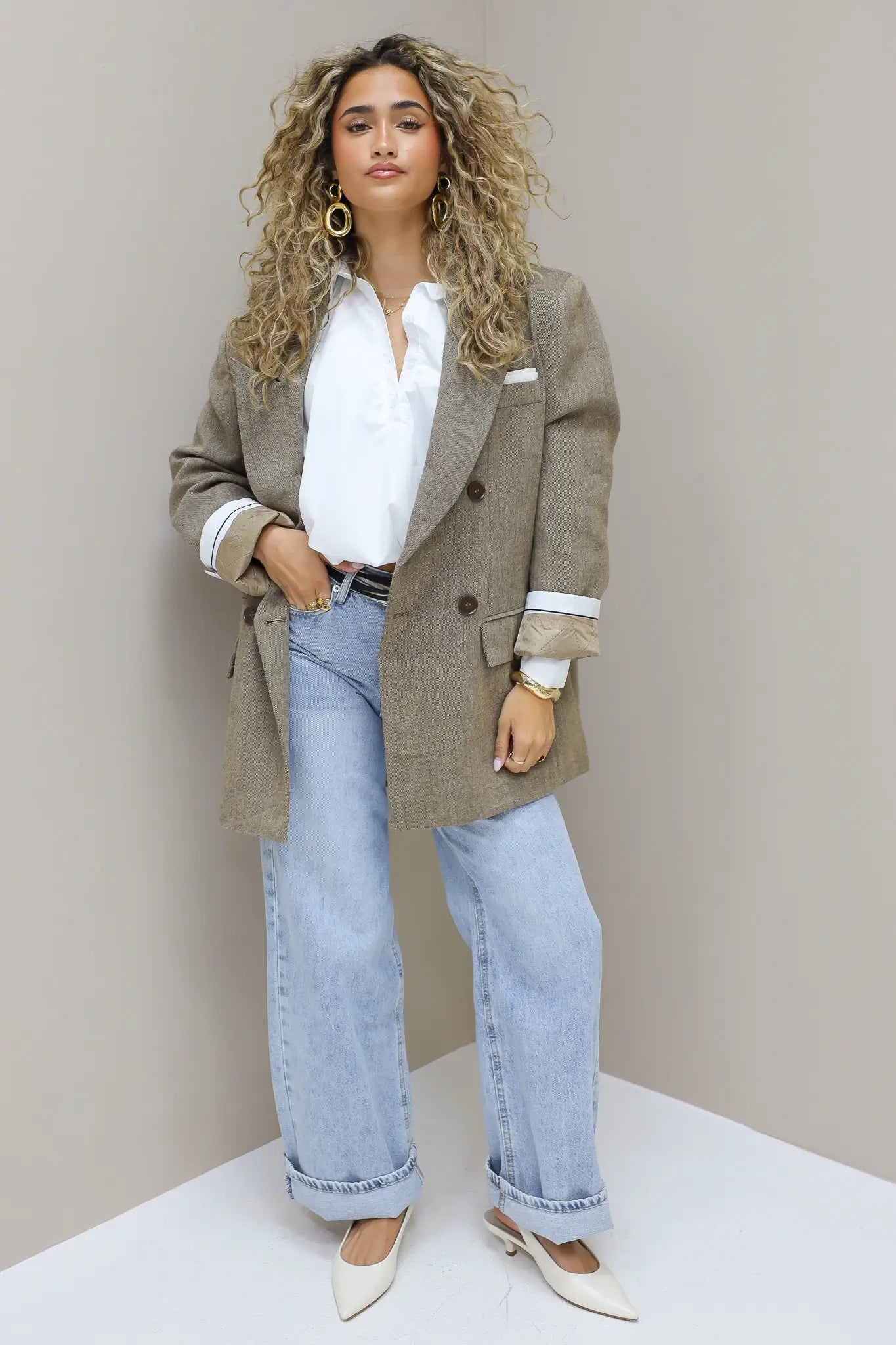 Tweed blazer dames camel gewatteerde buiten blazer dames