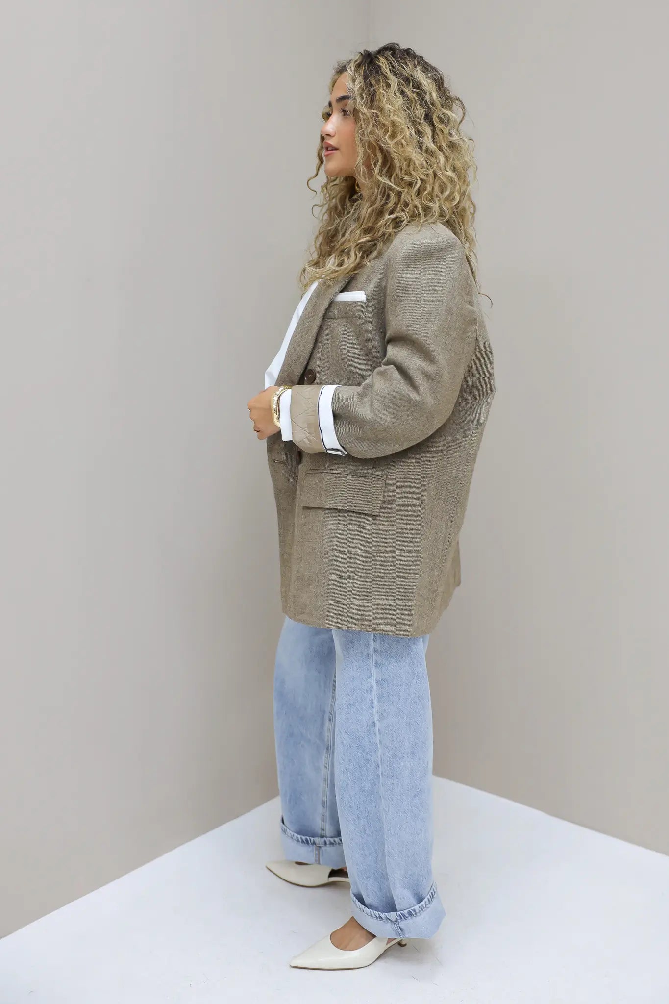 Tweed blazer dames camel gewatteerde buiten blazer dames