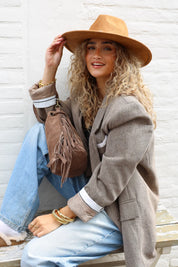 Tweed blazer dames camel gewatteerde buiten blazer dames