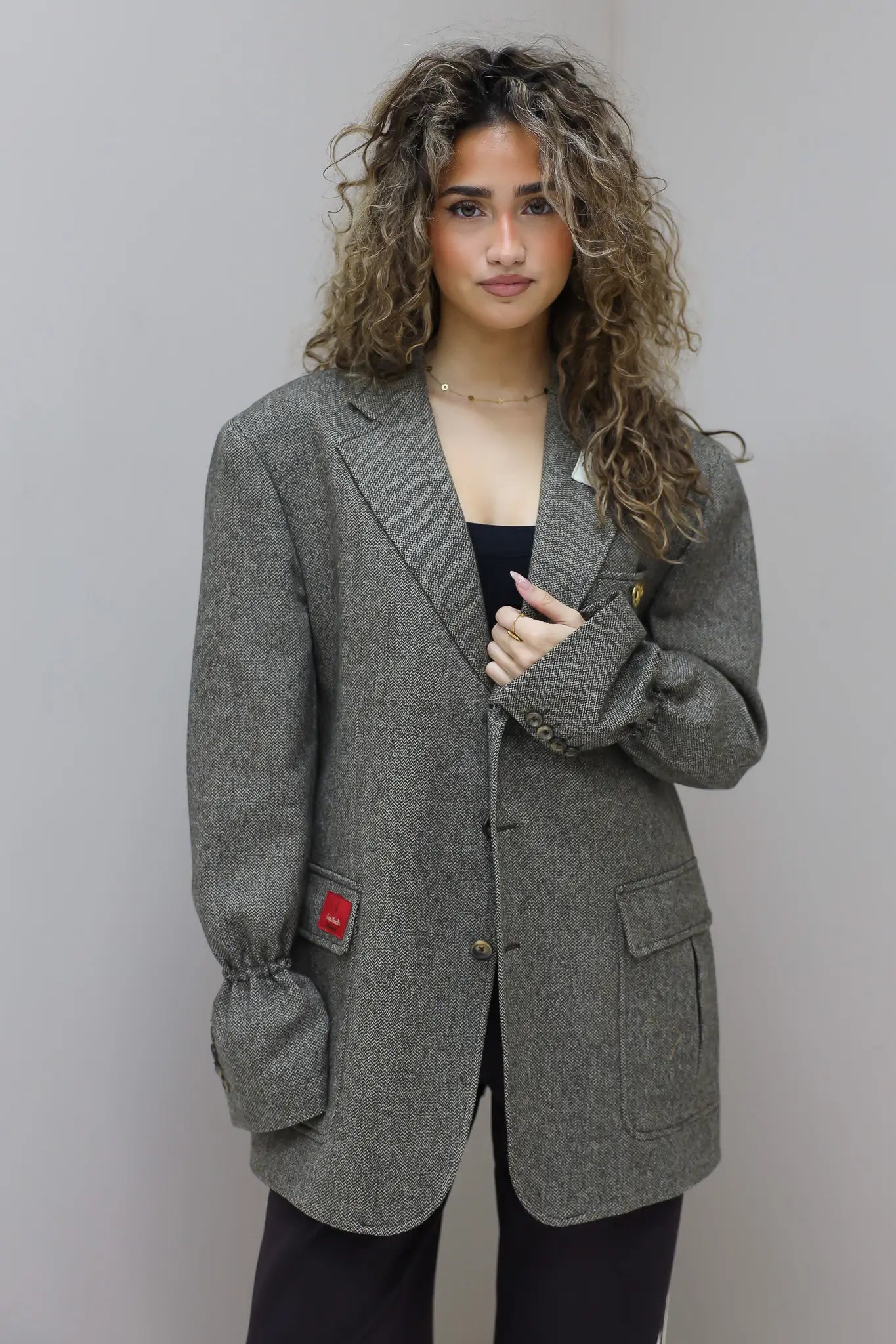 reworked blazer bruin gevoerd voorkant gedragen
