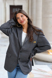 Grijze oversized blazer dames met rechte schouders
