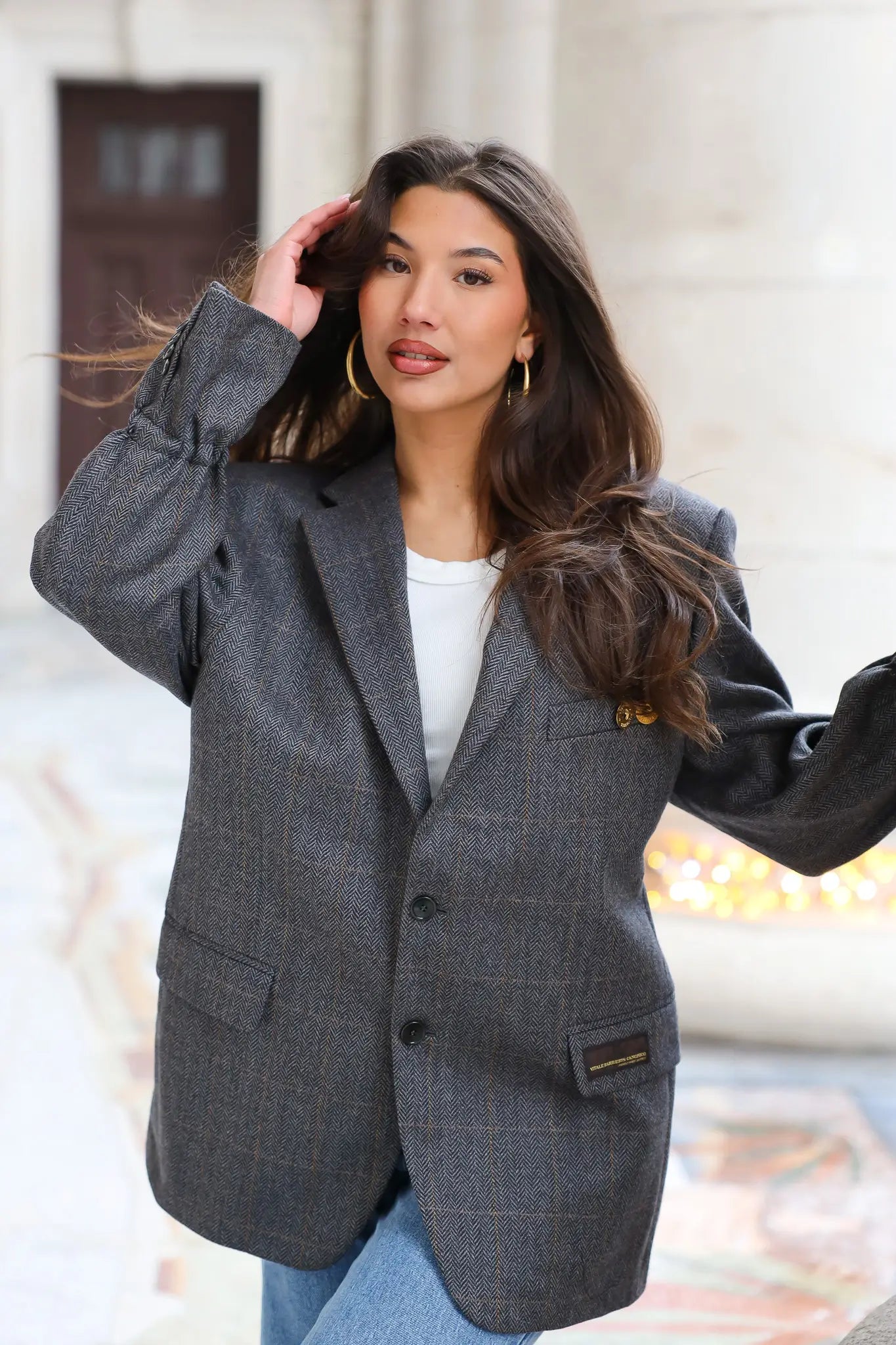 Grijze vintage heren blazer van merino wol close-up voorkant