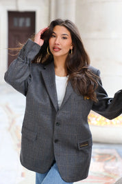 Grijze vintage heren blazer van merino wol close-up voorkant