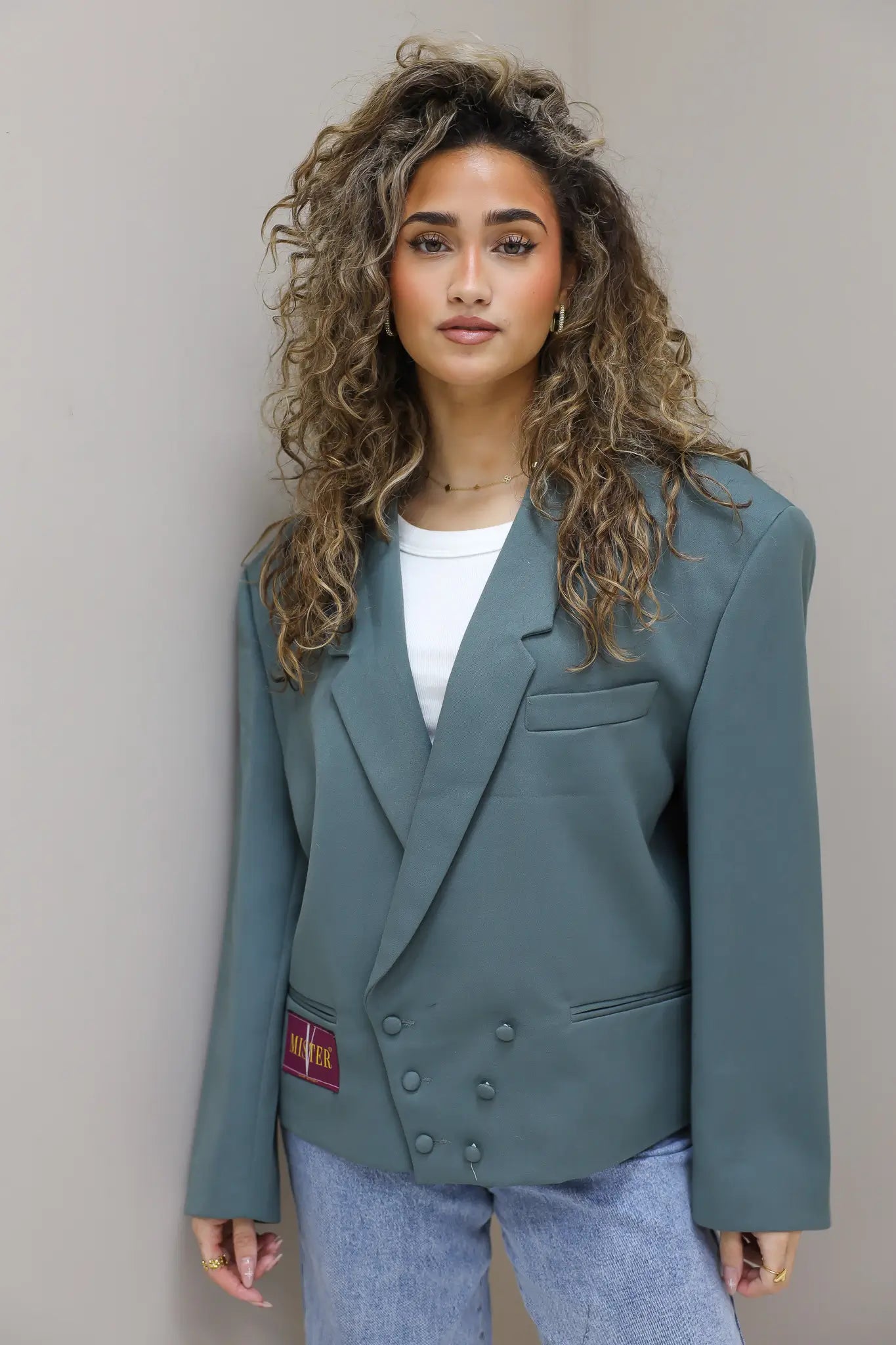reworked blazer groen driekwart aanzicht