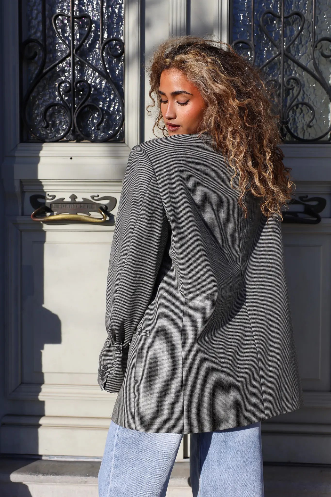 achterkant van reworked blazer ruit grijs