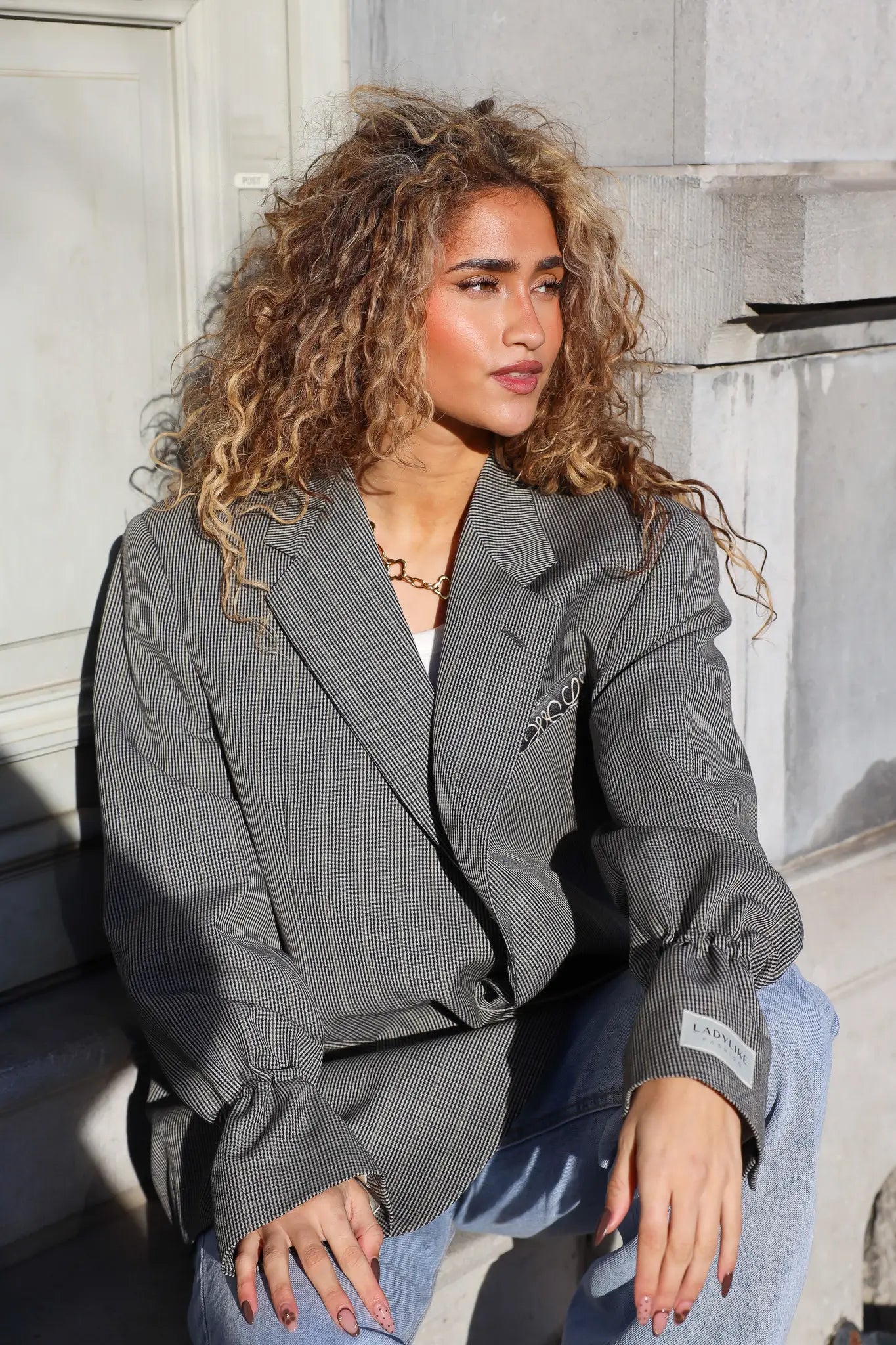 grijze ruit blazer dames staand bij gevel