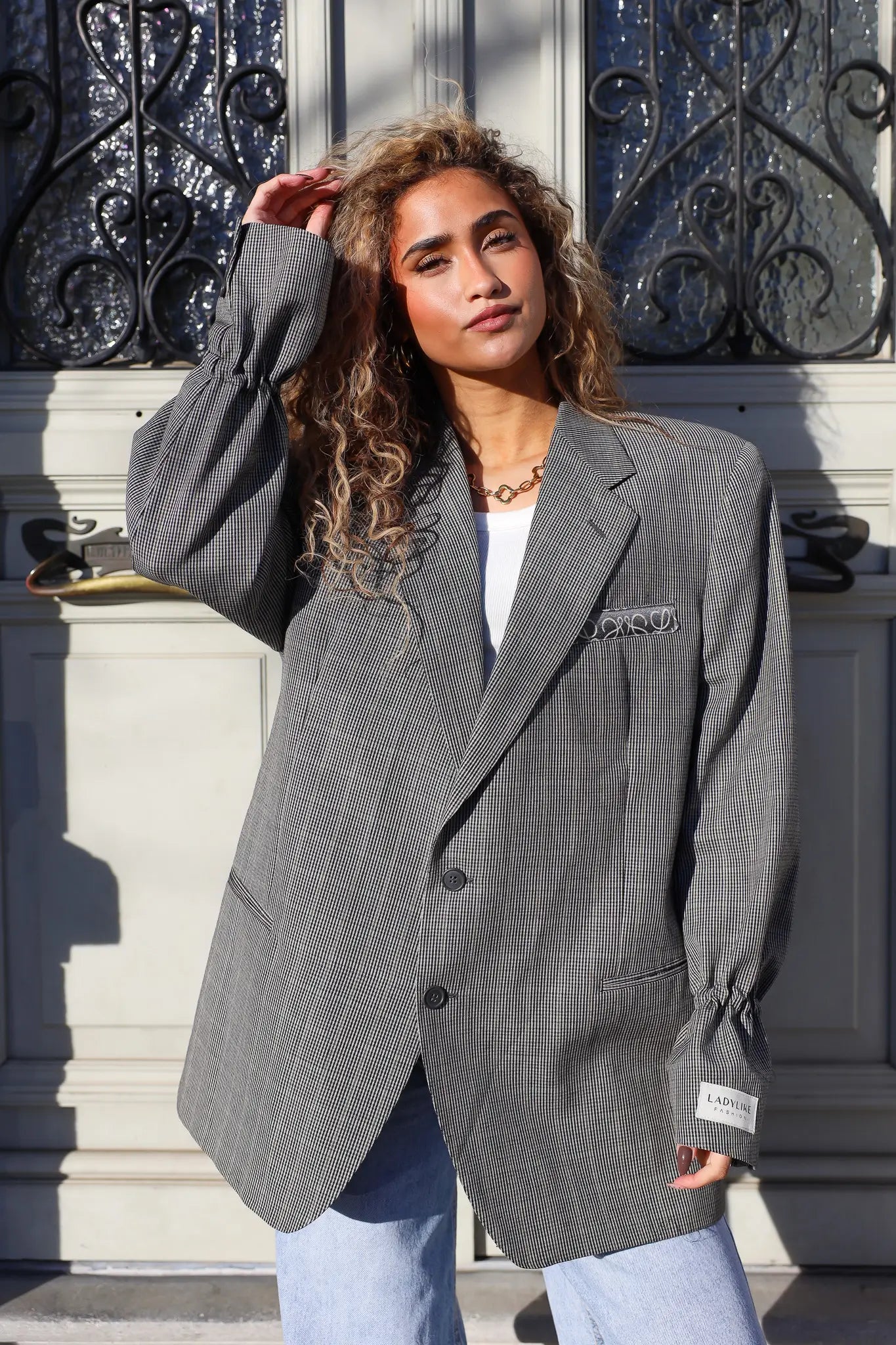 vintage heren blazer dames ruit grijs vooraanzicht