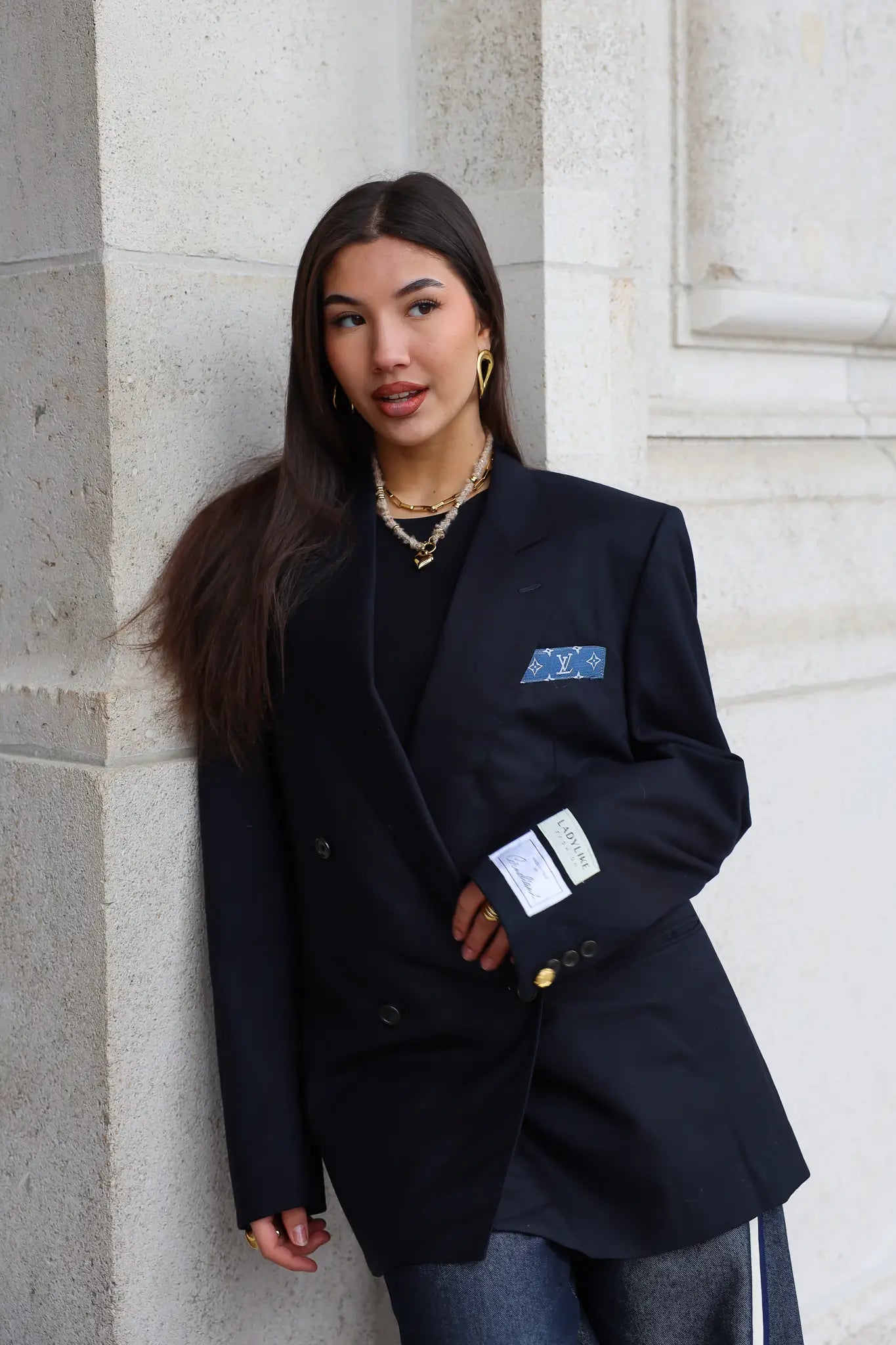 donker blauwe reworked designer blazer dames atelier series ladylike