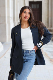 Donker blauwe vintage heren blazer dames rechtstaand