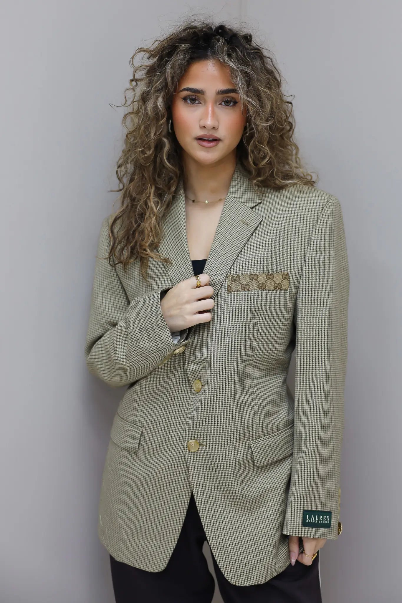 reworked ralph lauren blazer khaki rechtstaand gedragen