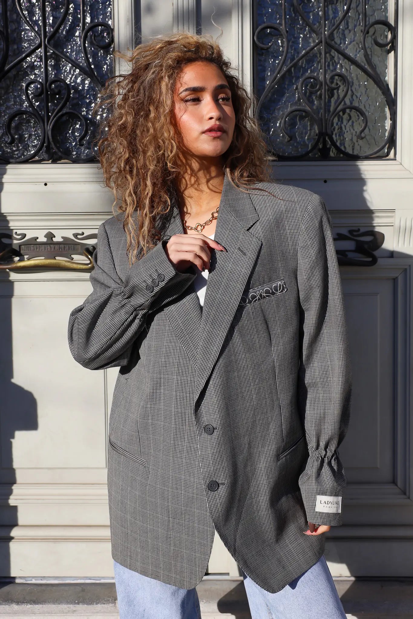 atelier series reworked vintage blazer ruit grijs zijaanzicht
