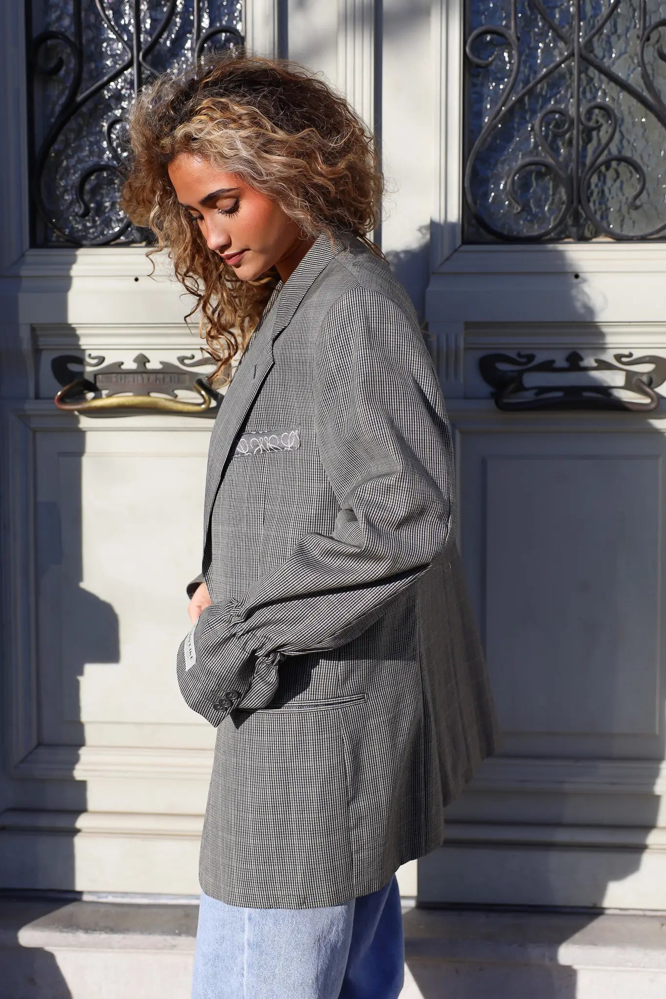 atelier series reworked vintage blazer ruit grijs zijaanzicht