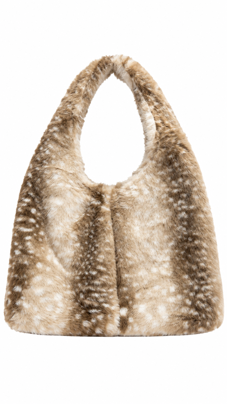 Beige Bambi tas met zachte bontstructuur bruine hertenprint witte stippen en brede schouderband op witte achtergrond