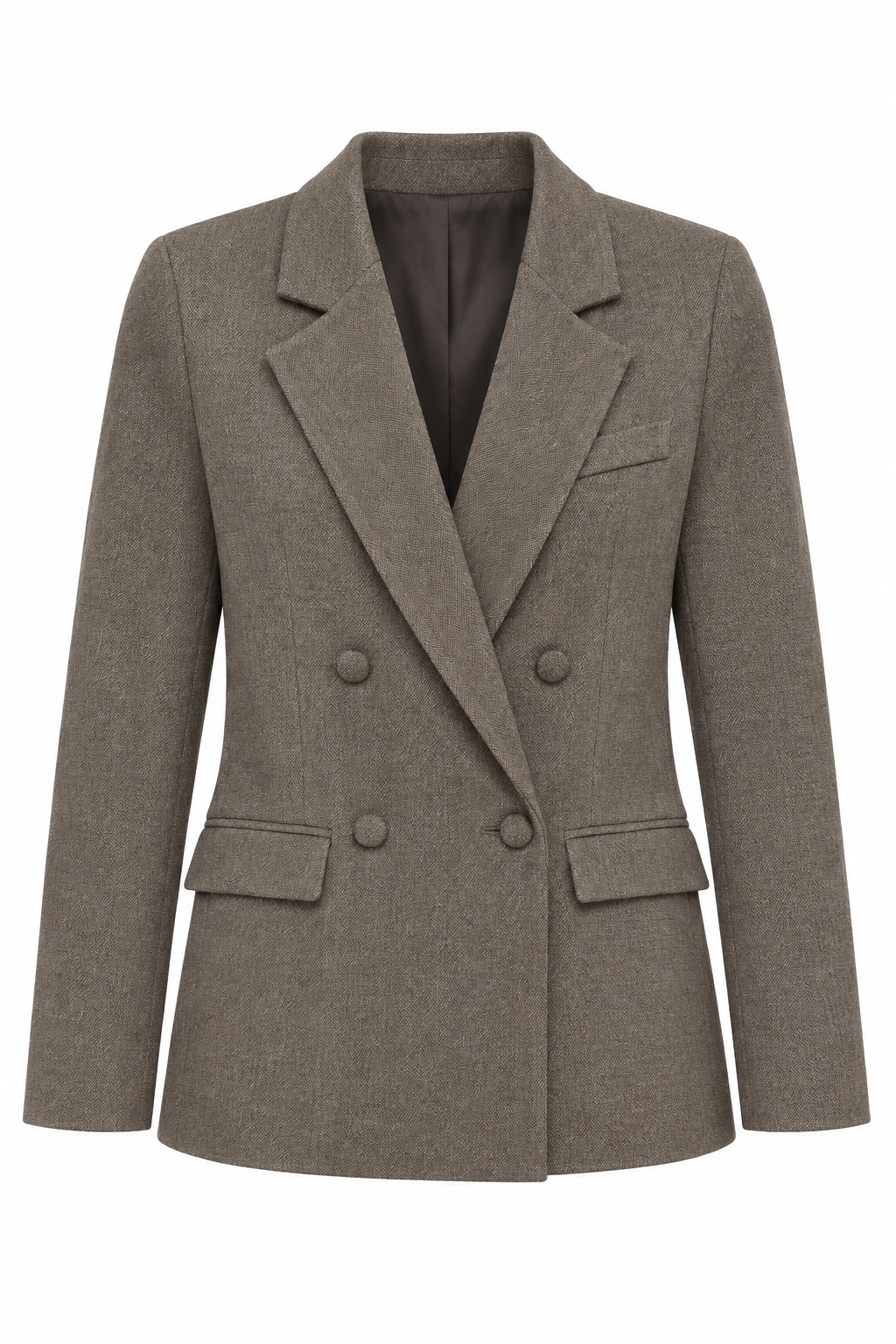 Close-up van taupe double breasted blazer met reverskraag dubbele knoopsluiting en getailleerde pasvorm