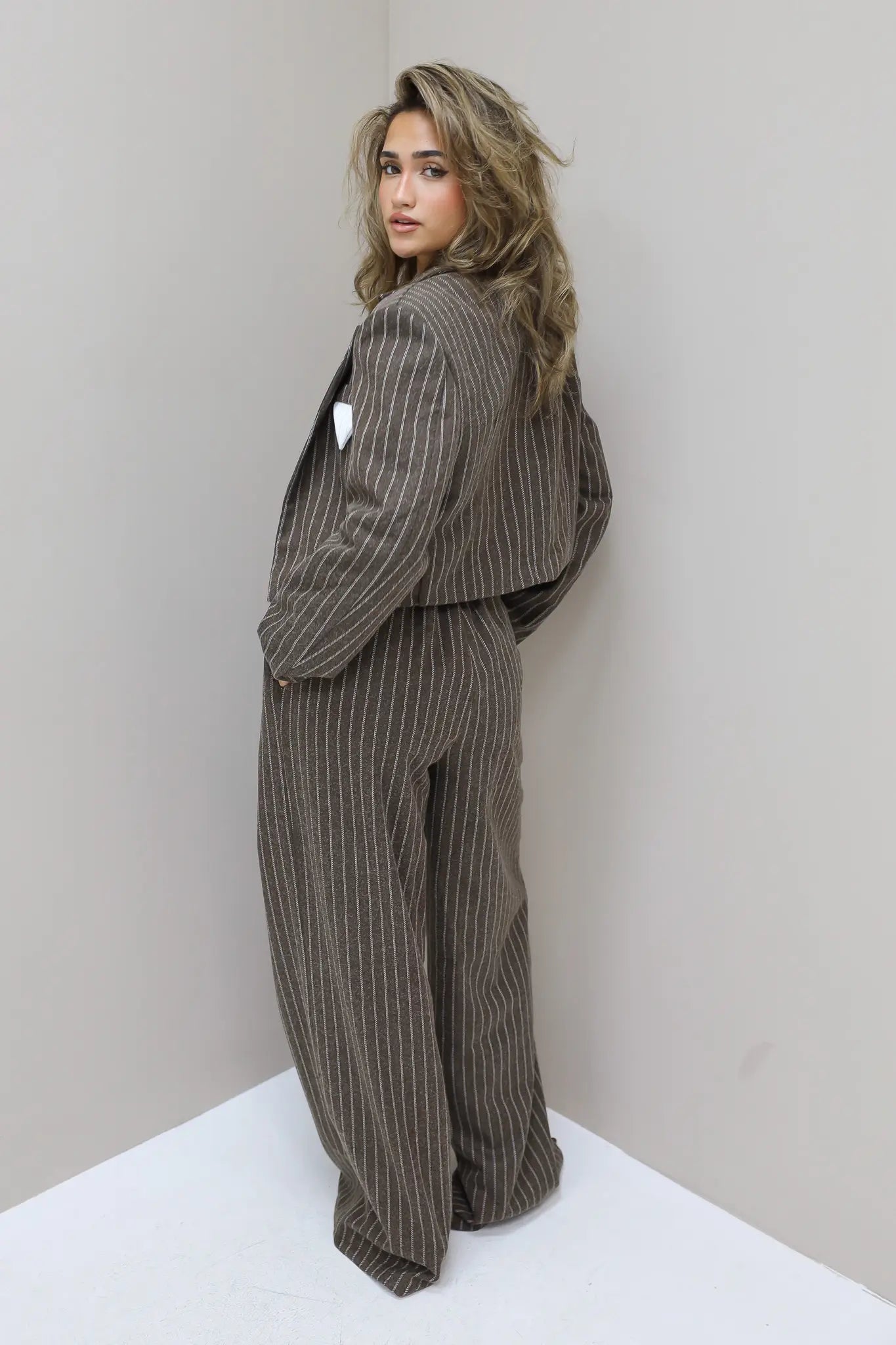 blazer gestreept donker bruin achterkant draagfoto ladylike