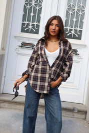 Blouse met ruit bruin dames met lange mouwen en knoopsluiting
