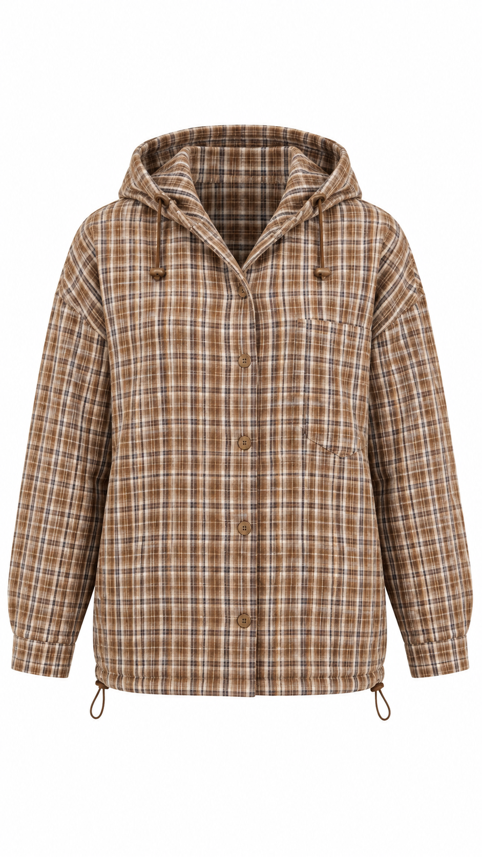 Camel geruite blouse met capuchon lange mouwen knoopsluiting en zakken aan de voorkant op witte achtergrond