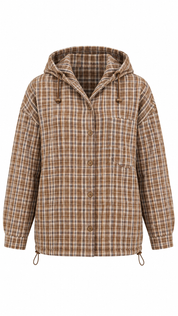 Camel geruite blouse met capuchon lange mouwen knoopsluiting en zakken aan de voorkant op witte achtergrond