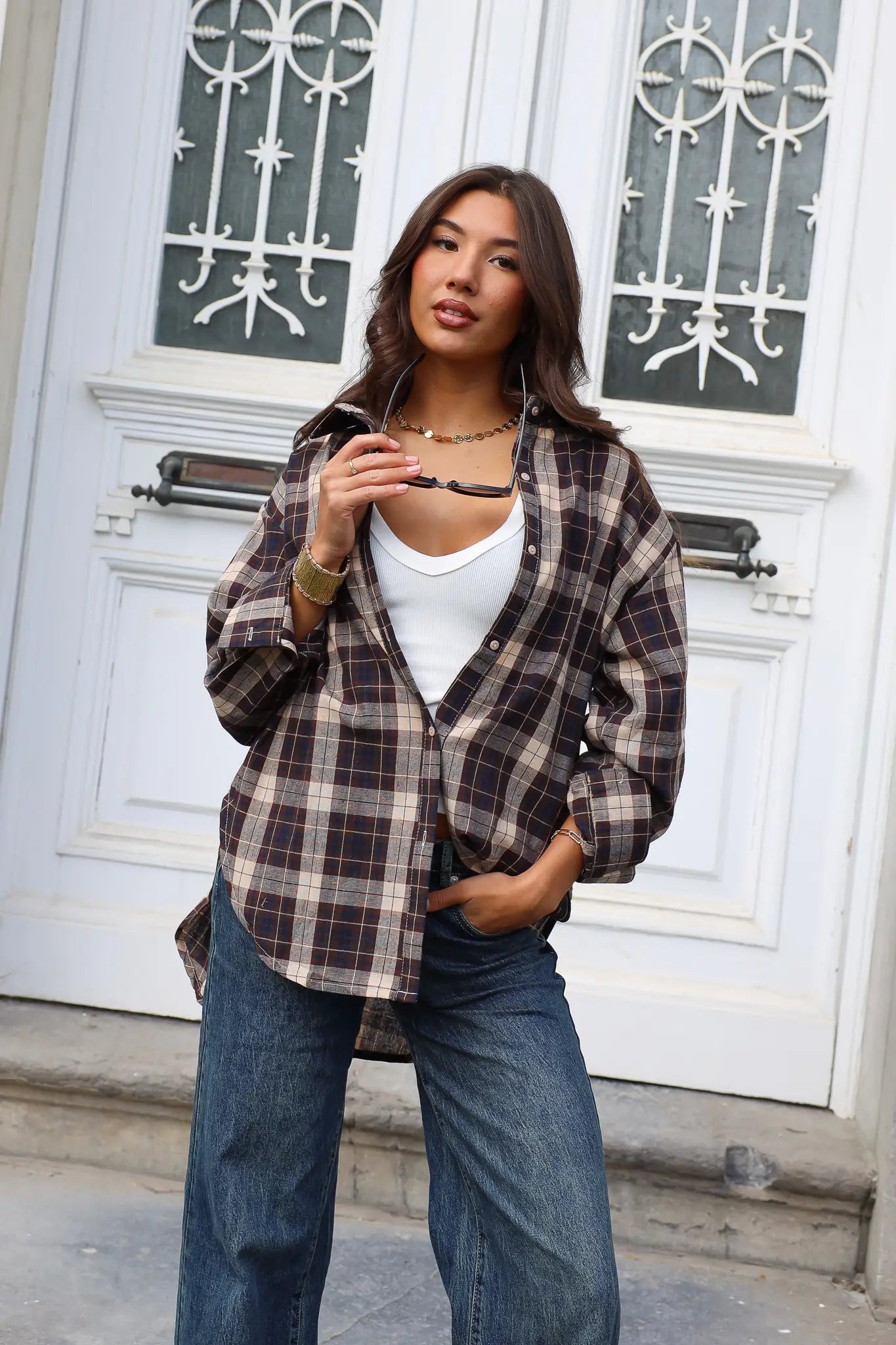 Blouse met ruitprint bruin dames en wide leg jeans